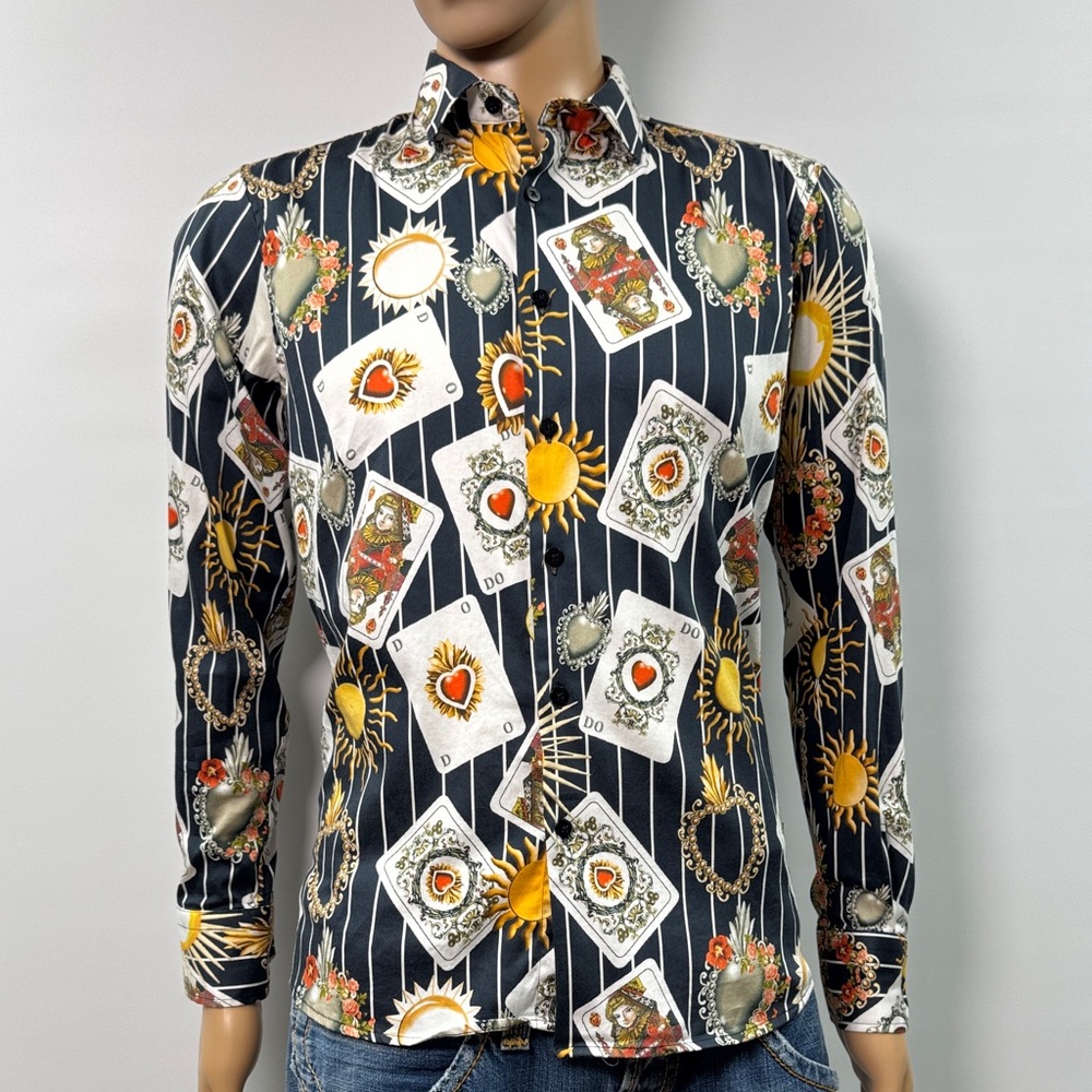 Barabas Black and White Playing Cards, Hearts, and Sun Print Shirt Size M
